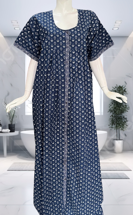 Blue Leafy Full Open Pure Cotton Nighty. Pure Cotton | Laces and Frills - Laces and Frills