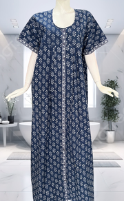 Blue Floral Full Open Pure Cotton Nighty. Pure Cotton | Laces and Frills - Laces and Frills