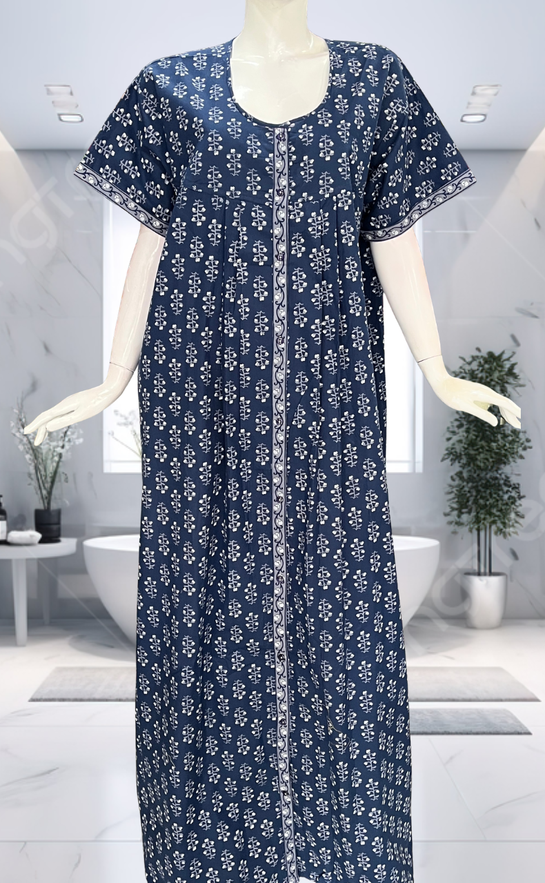 Blue Floral Full Open Pure Cotton Nighty. Pure Cotton | Laces and Frills - Laces and Frills