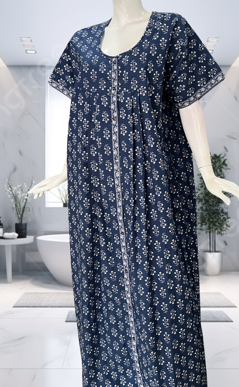 Blue Floral Full Open Pure Cotton Nighty. Pure Cotton | Laces and Frills - Laces and Frills