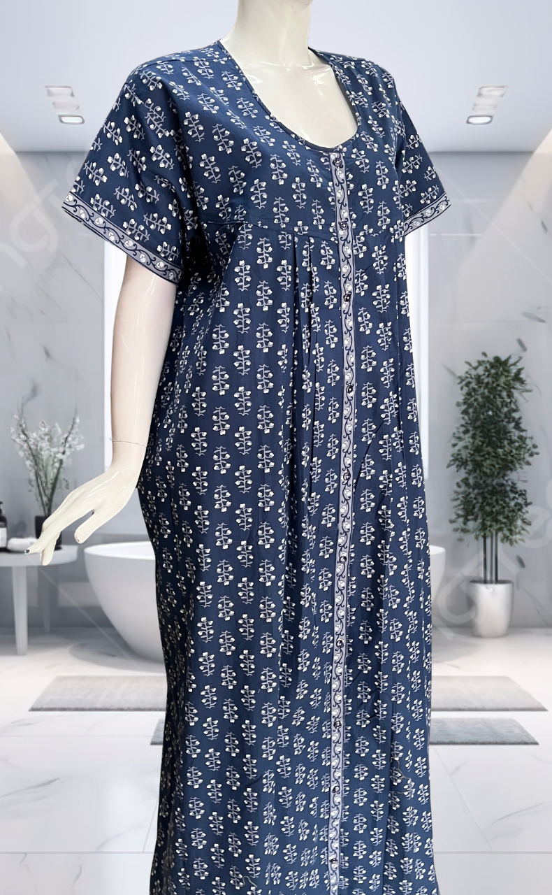 Blue Floral Full Open Pure Cotton Nighty. Pure Cotton | Laces and Frills - Laces and Frills