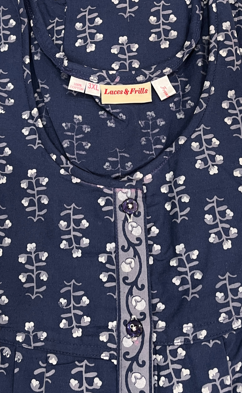 Blue Floral Full Open Pure Cotton Nighty. Pure Cotton | Laces and Frills - Laces and Frills