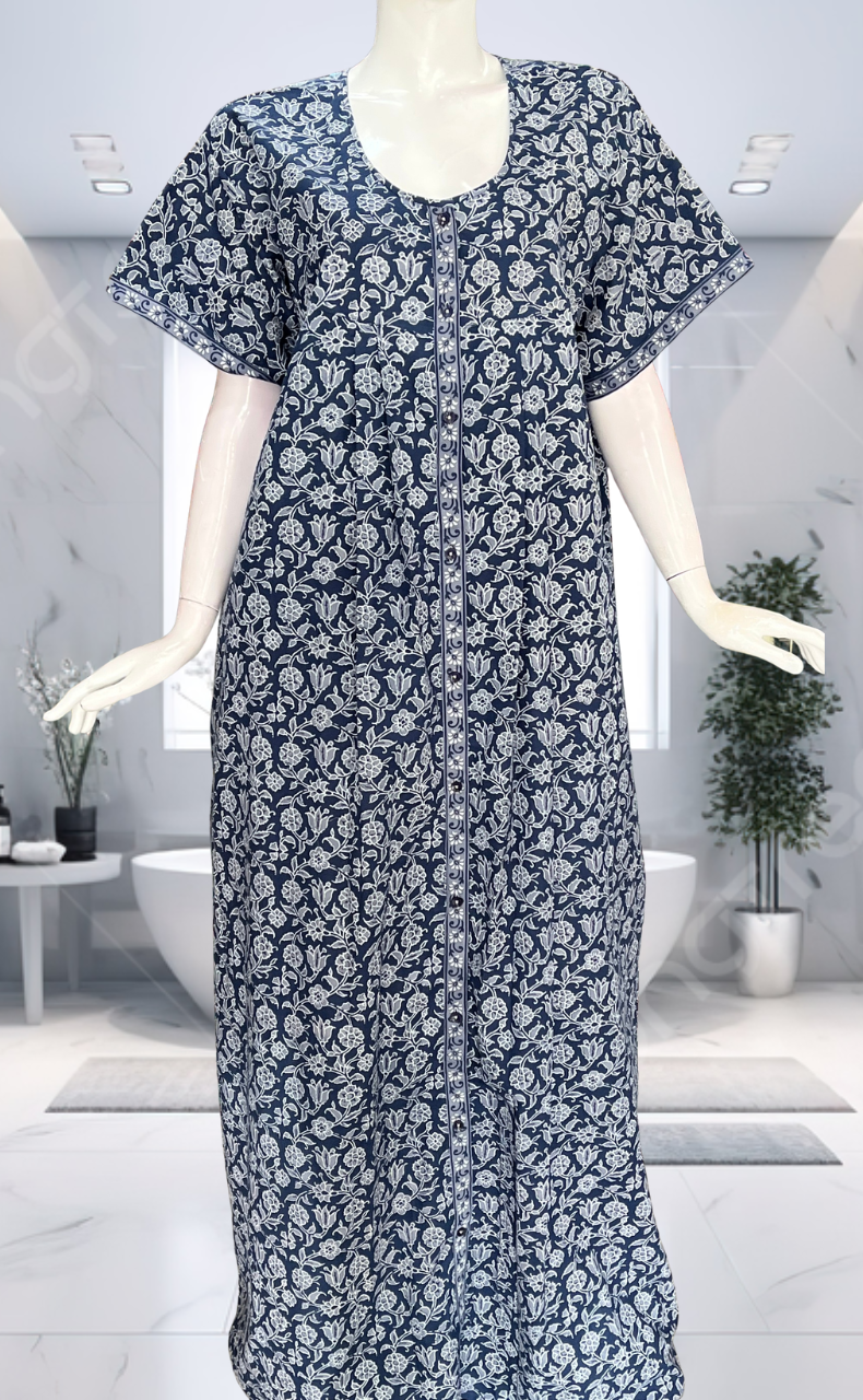 Blue Garden Full Open Pure Cotton Nighty. Pure Cotton | Laces and Frills