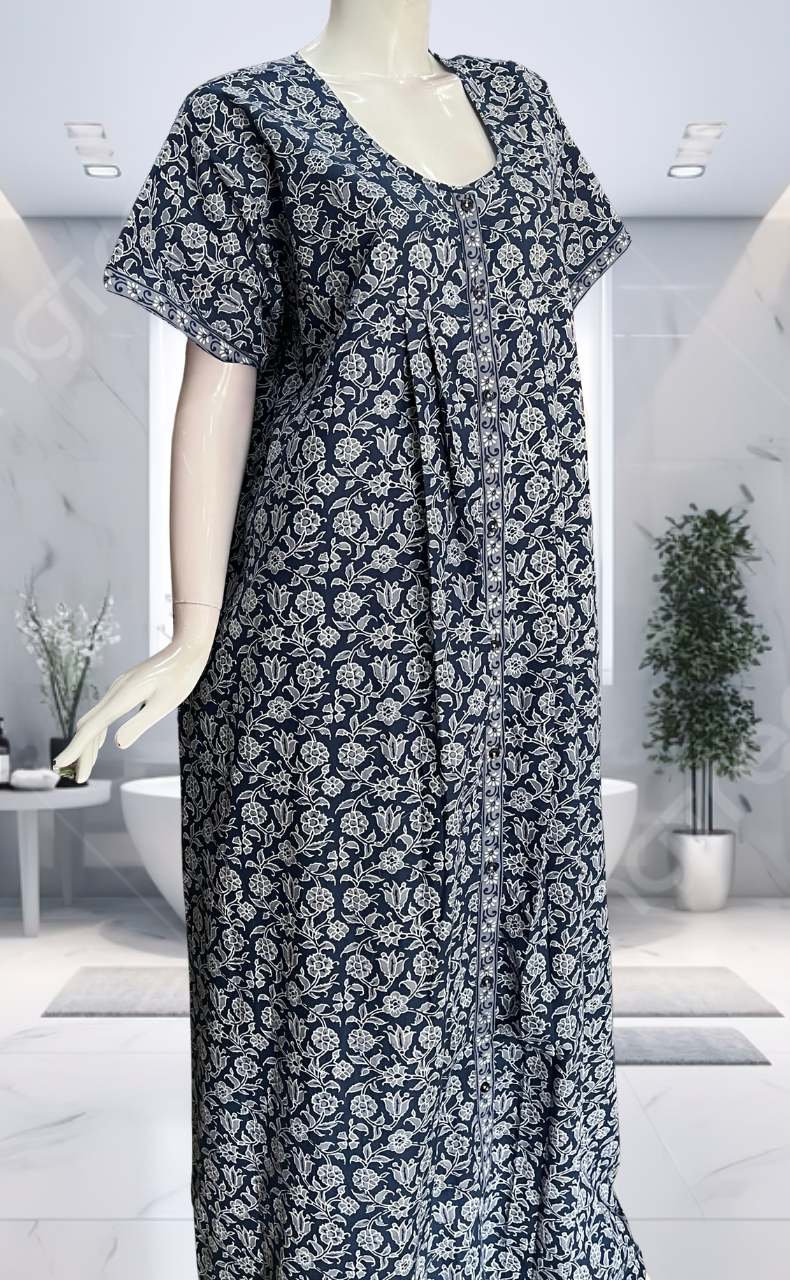 Blue Garden Full Open Pure Cotton Nighty. Pure Cotton | Laces and Frills