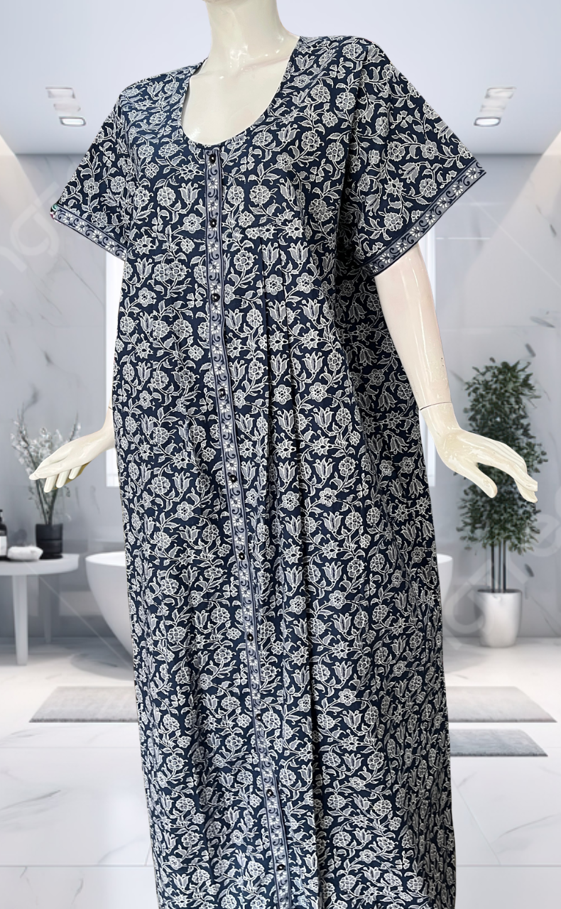 Blue Garden Full Open Pure Cotton Nighty. Pure Cotton | Laces and Frills