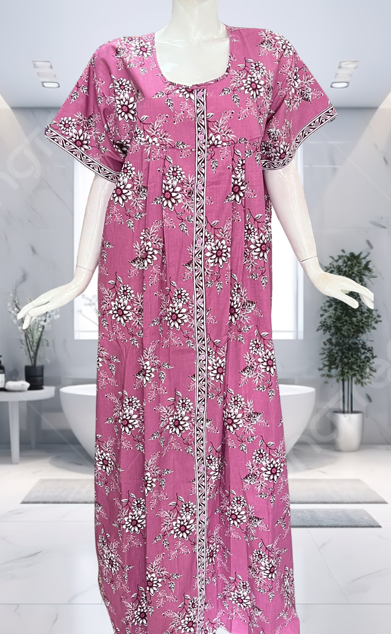 Purple Floral Full Open Pure Cotton Nighty. Pure Cotton | Laces and Frills