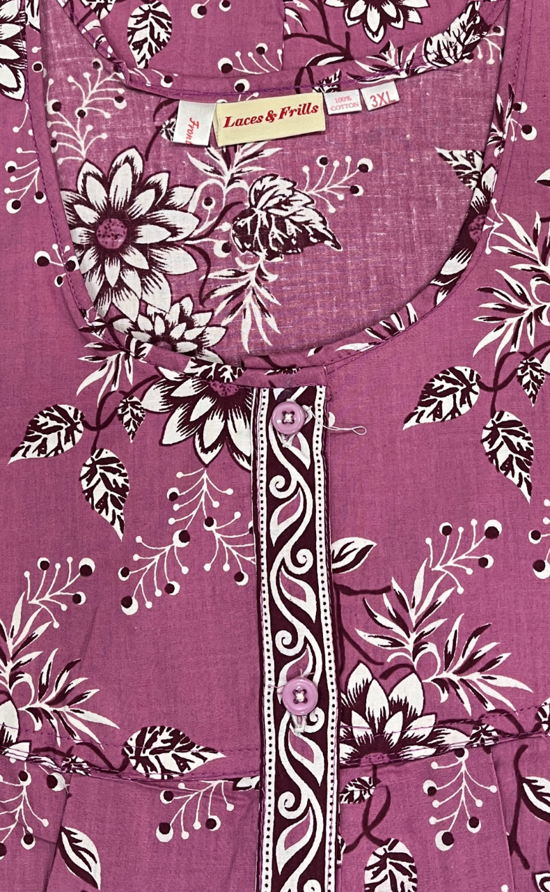 Purple Floral Full Open Pure Cotton Nighty. Pure Cotton | Laces and Frills