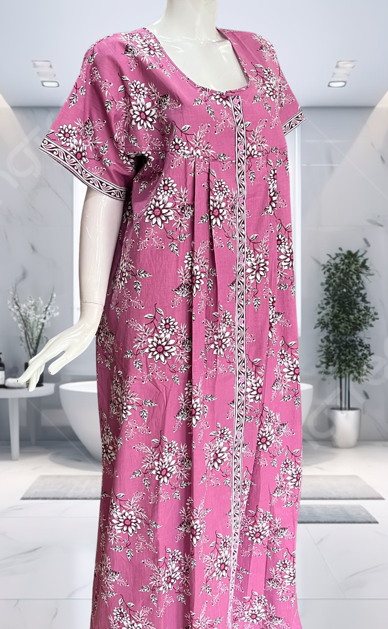 Purple Floral Full Open Pure Cotton Nighty. Pure Cotton | Laces and Frills