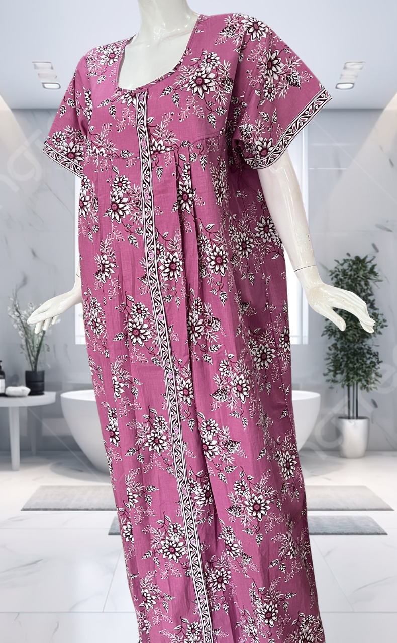 Purple Floral Full Open Pure Cotton Nighty. Pure Cotton | Laces and Frills