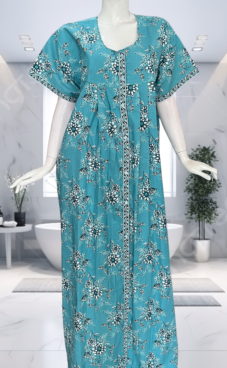 Sea Green Floral Full Open Pure Cotton Nighty. Pure Cotton | Laces and Frills