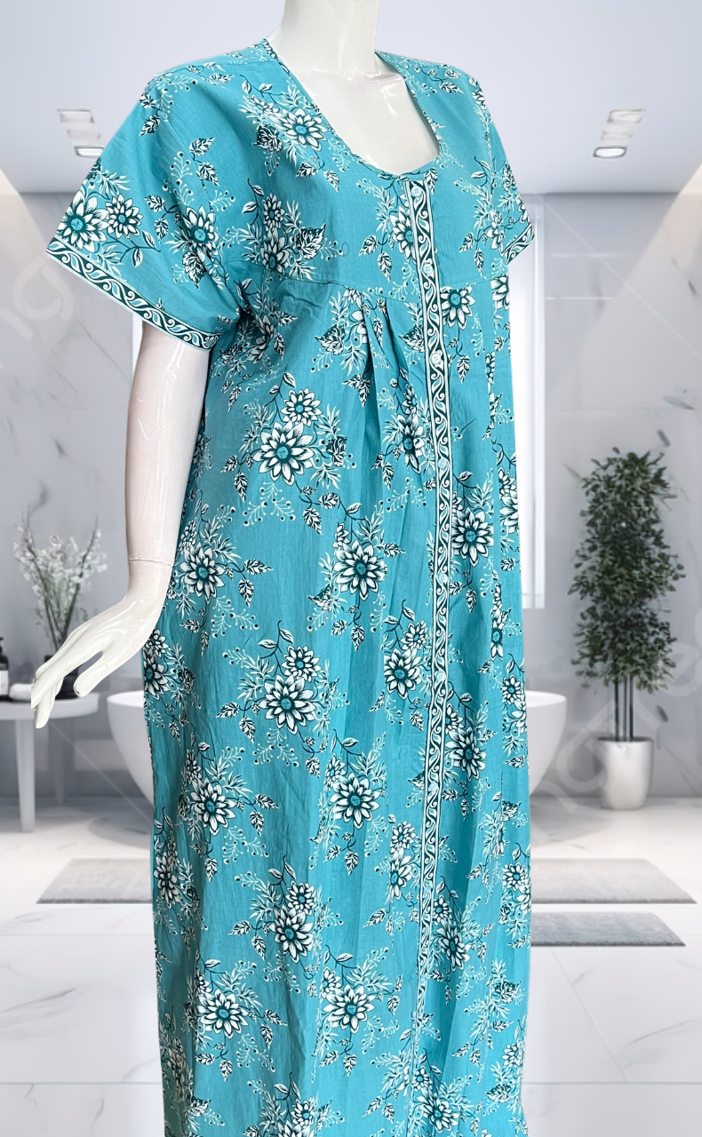 Sea Green Floral Full Open Pure Cotton Nighty. Pure Cotton | Laces and Frills