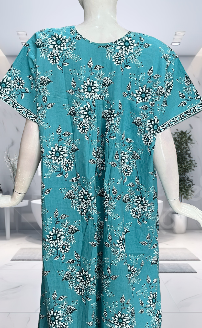 Sea Green Floral Full Open Pure Cotton Nighty. Pure Cotton | Laces and Frills