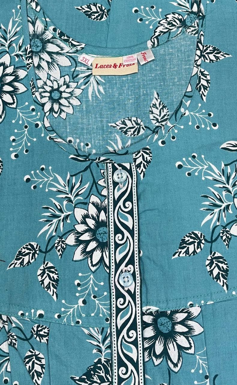Sea Green Floral Full Open Pure Cotton Nighty. Pure Cotton | Laces and Frills