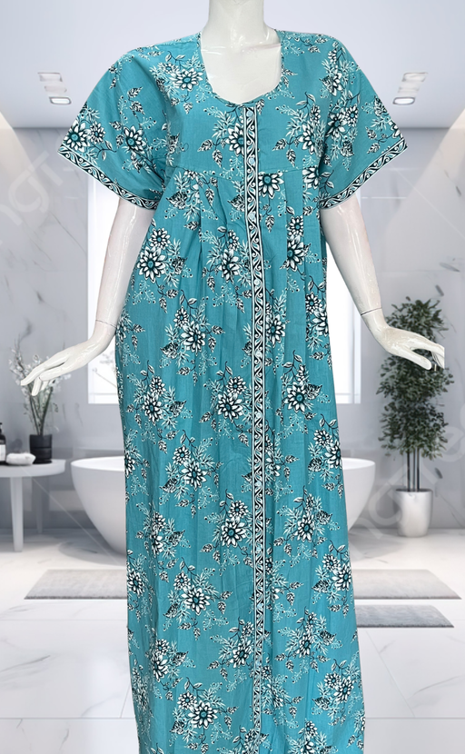 Sea Green Floral Full Open Pure Cotton Nighty. Pure Cotton | Laces and Frills - Laces and Frills