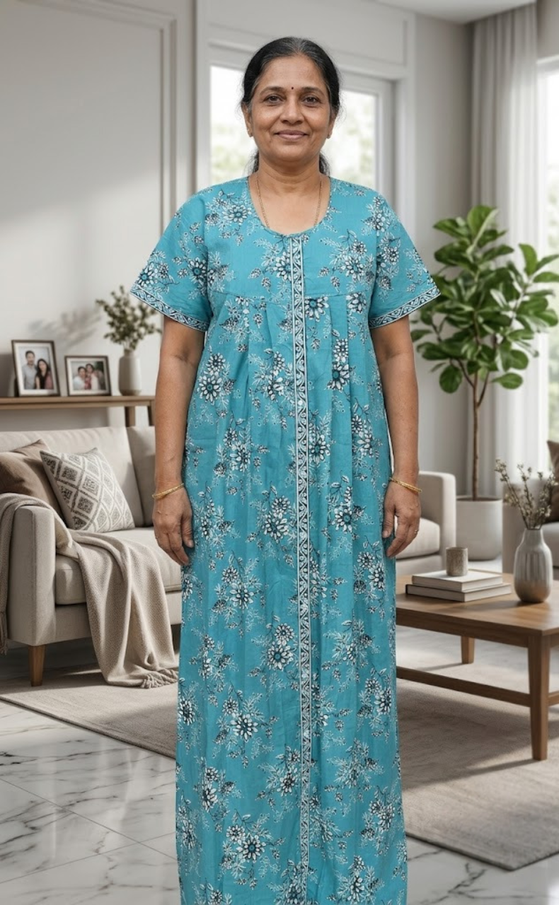 Sea Green Floral Full Open Pure Cotton Nighty. Pure Cotton | Laces and Frills - Laces and Frills