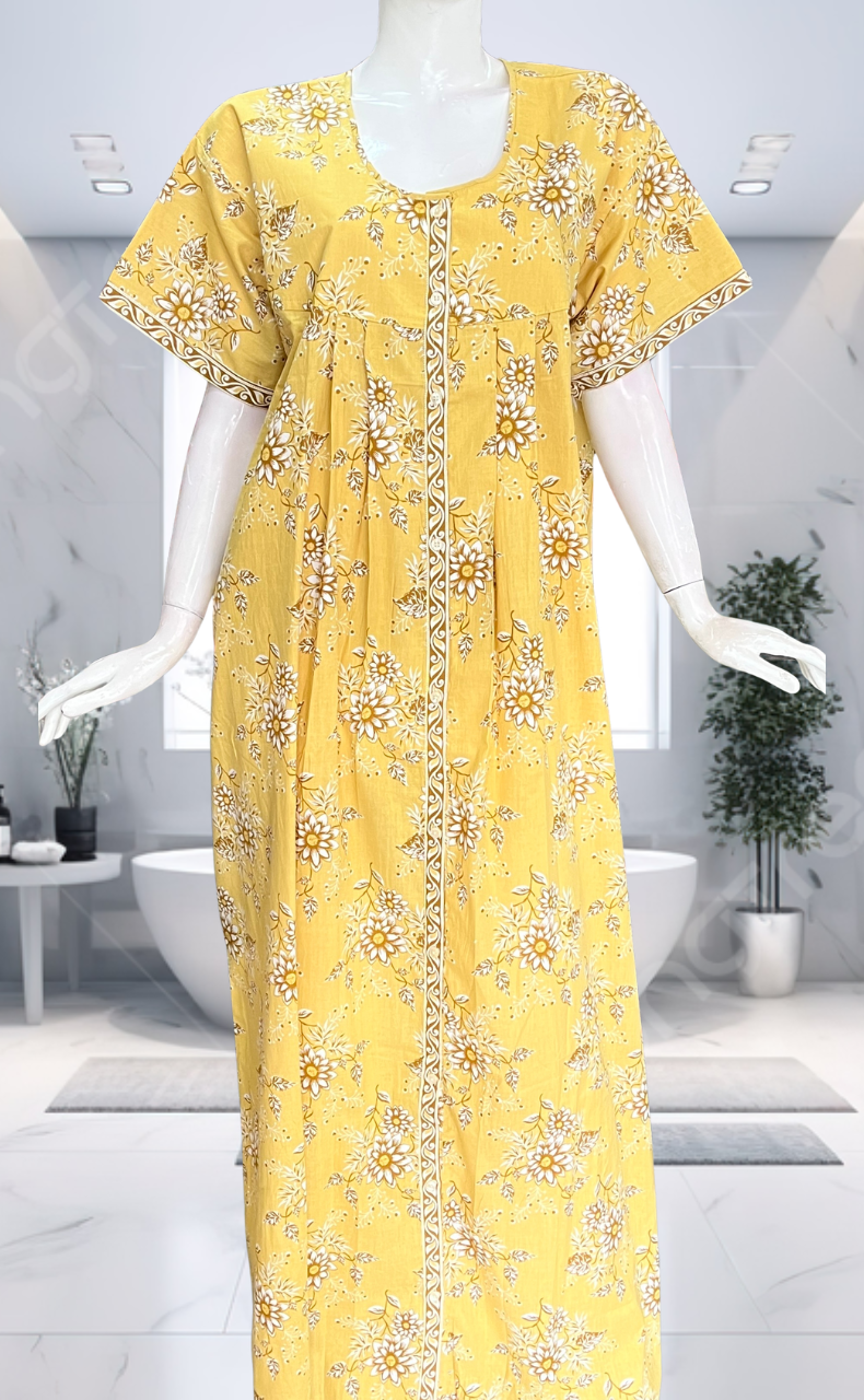 Yellow Floral Full Open Pure Cotton Nighty. Pure Cotton | Laces and Frills - Laces and Frills