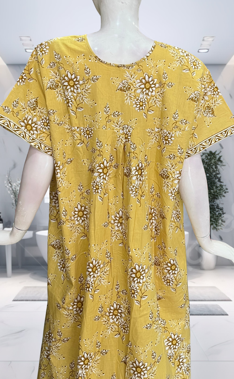 Yellow Floral Full Open Pure Cotton Nighty. Pure Cotton | Laces and Frills - Laces and Frills