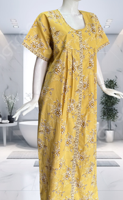 Yellow Floral Full Open Pure Cotton Nighty. Pure Cotton | Laces and Frills - Laces and Frills