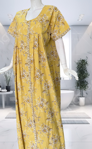 Yellow Floral Full Open Pure Cotton Nighty. Pure Cotton | Laces and Frills - Laces and Frills