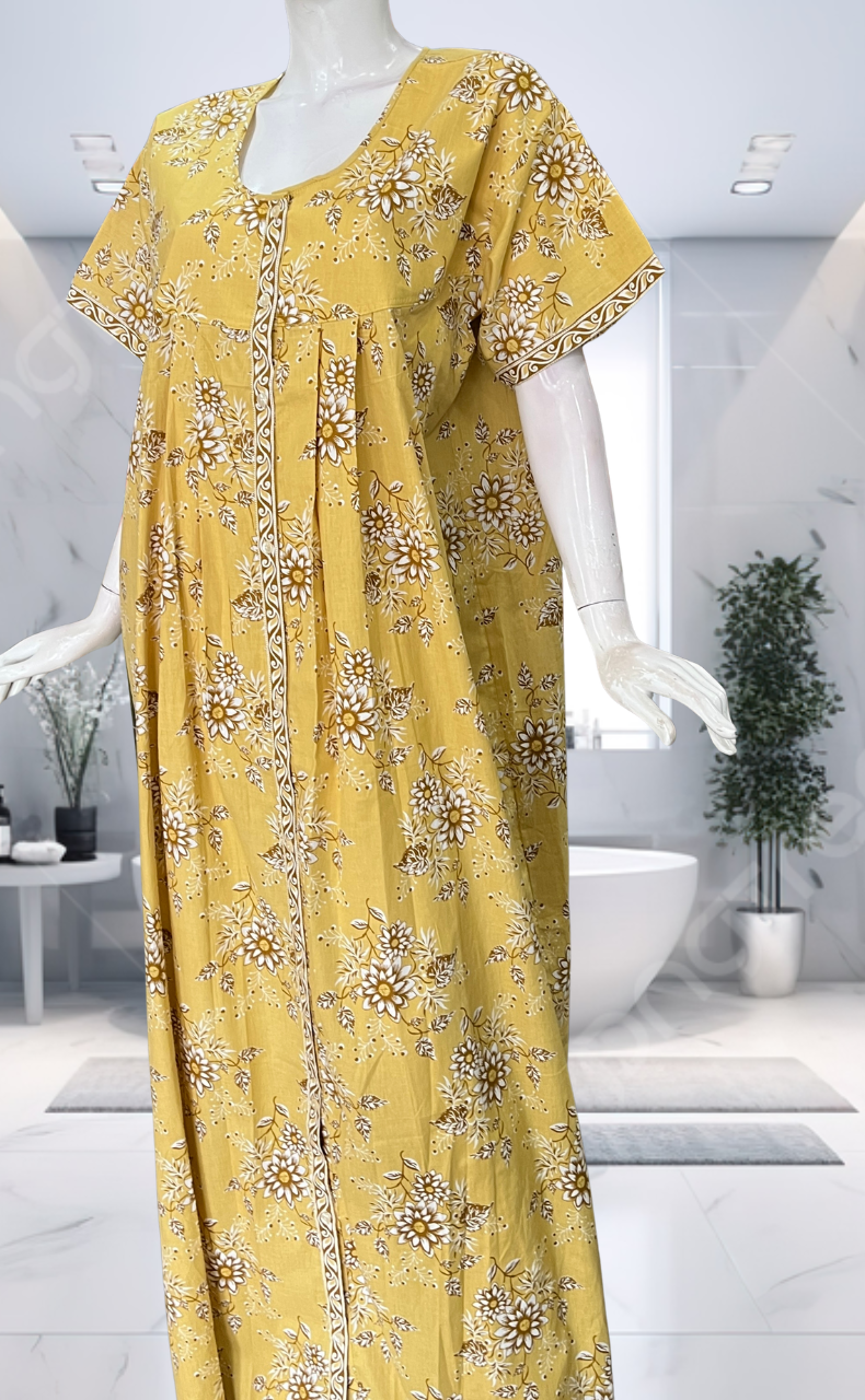 Yellow Floral Full Open Pure Cotton Nighty. Pure Cotton | Laces and Frills - Laces and Frills