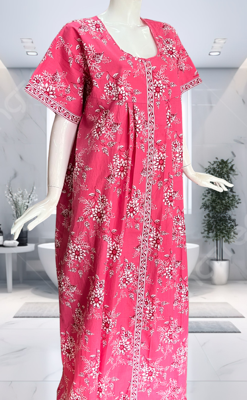 Pink Floral Full Open Pure Cotton Nighty. Pure Cotton | Laces and Frills