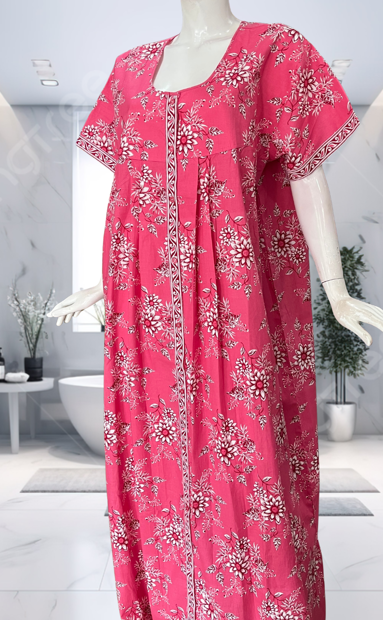 Pink Floral Full Open Pure Cotton Nighty. Pure Cotton | Laces and Frills