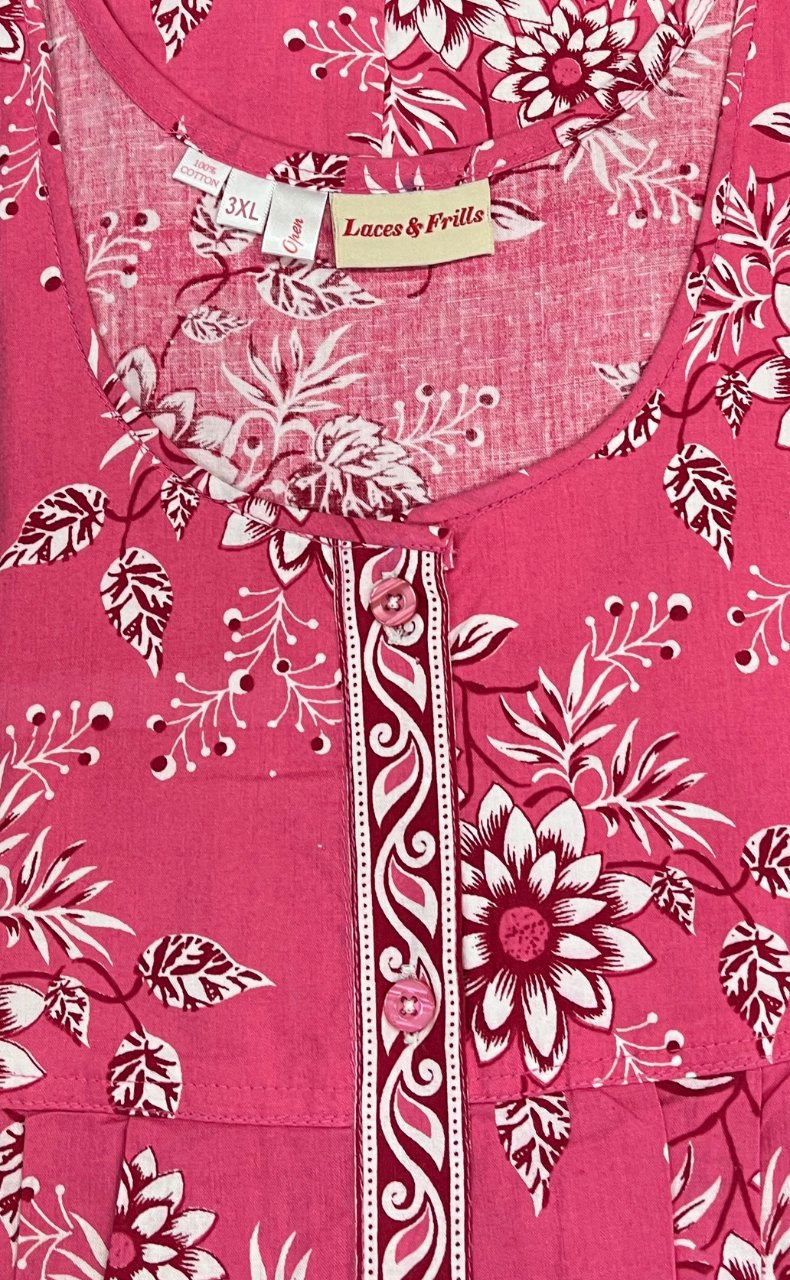 Pink Floral Full Open Pure Cotton Nighty. Pure Cotton | Laces and Frills