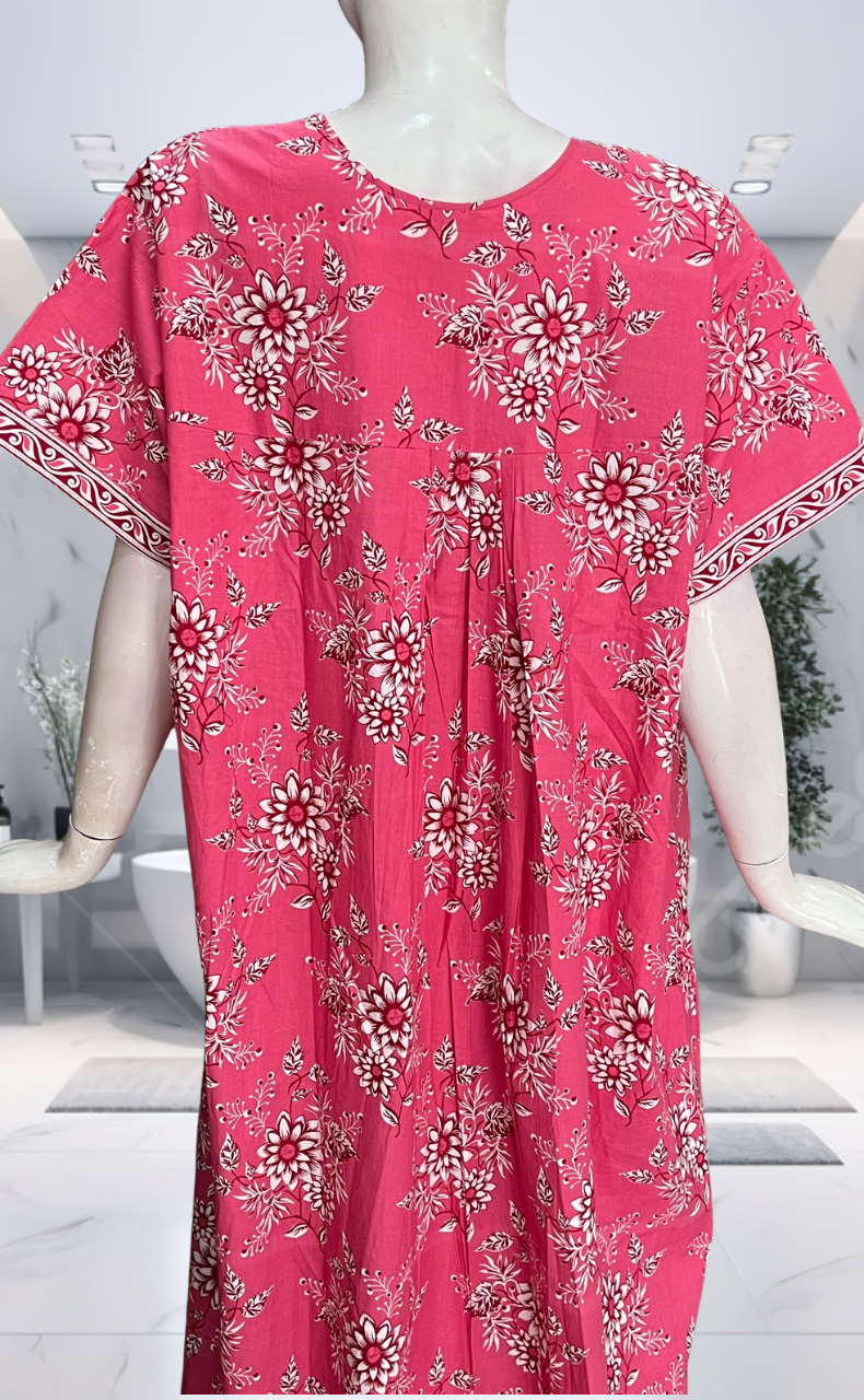 Pink Floral Full Open Pure Cotton Nighty. Pure Cotton | Laces and Frills
