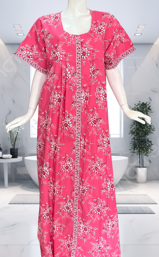 Pink Floral Full Open Pure Cotton Nighty. Pure Cotton | Laces and Frills - Laces and Frills