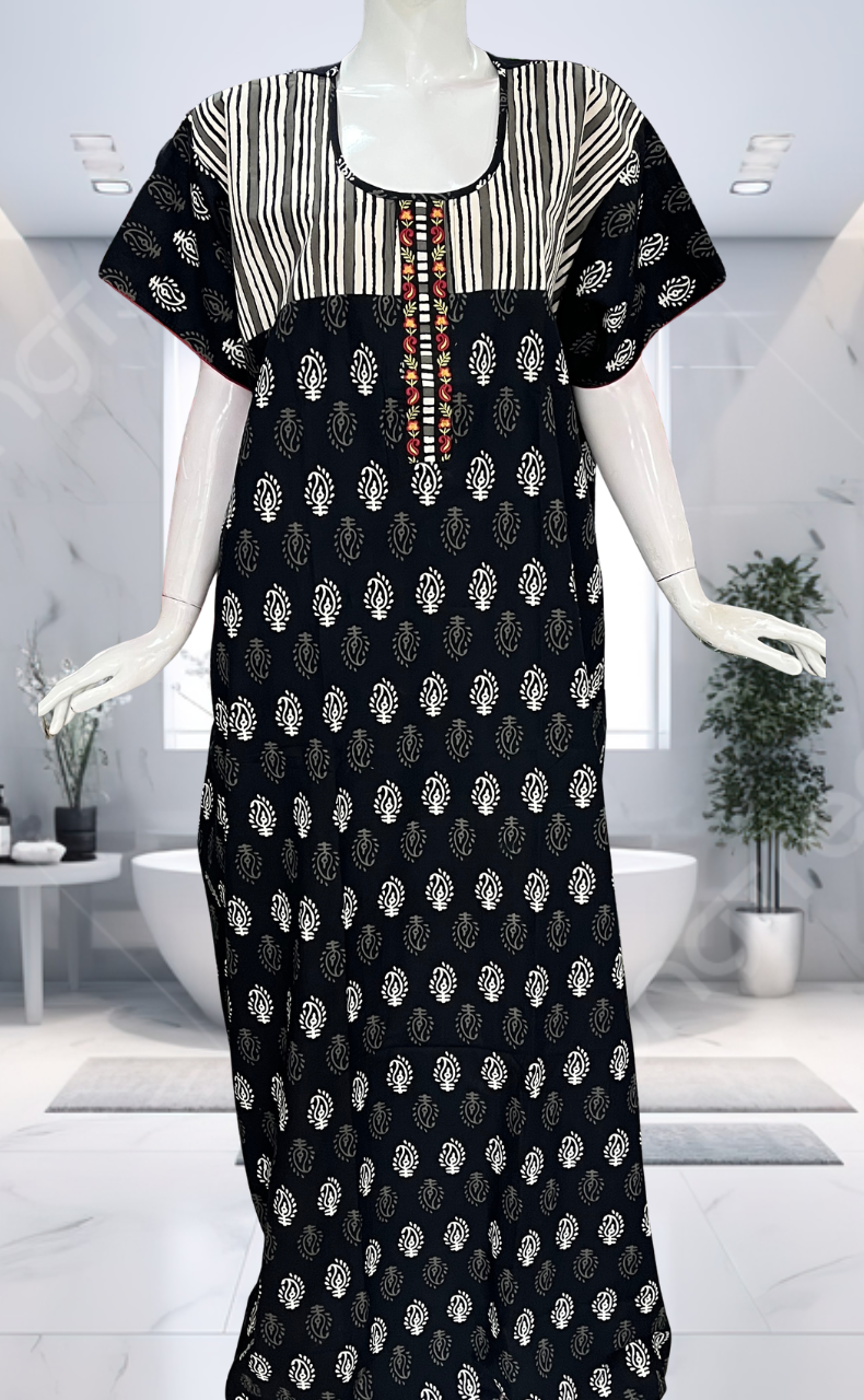 Black Paisley Print Pure Cotton Nighty. Pure Durable Cotton | Laces and Frills - Laces and Frills