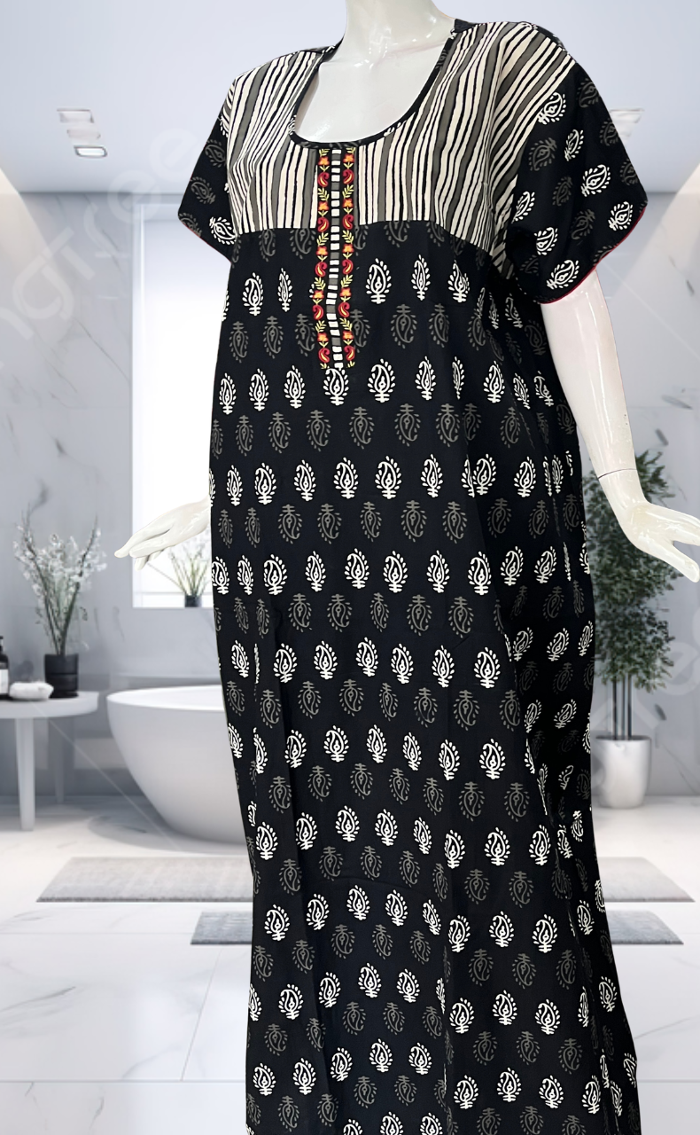 Black Paisley Print Pure Cotton Nighty. Pure Durable Cotton | Laces and Frills - Laces and Frills