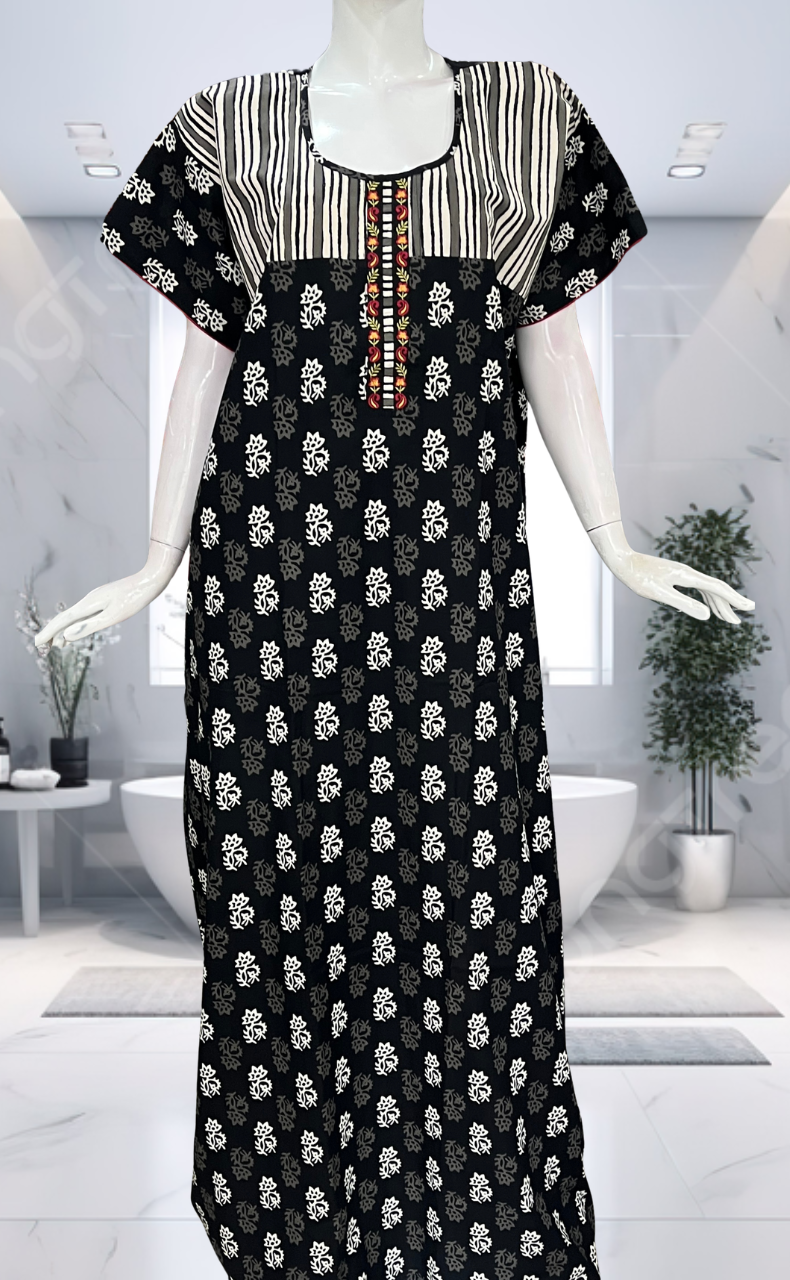 Black Floral Pure Cotton Nighty. Pure Durable Cotton | Laces and Frills