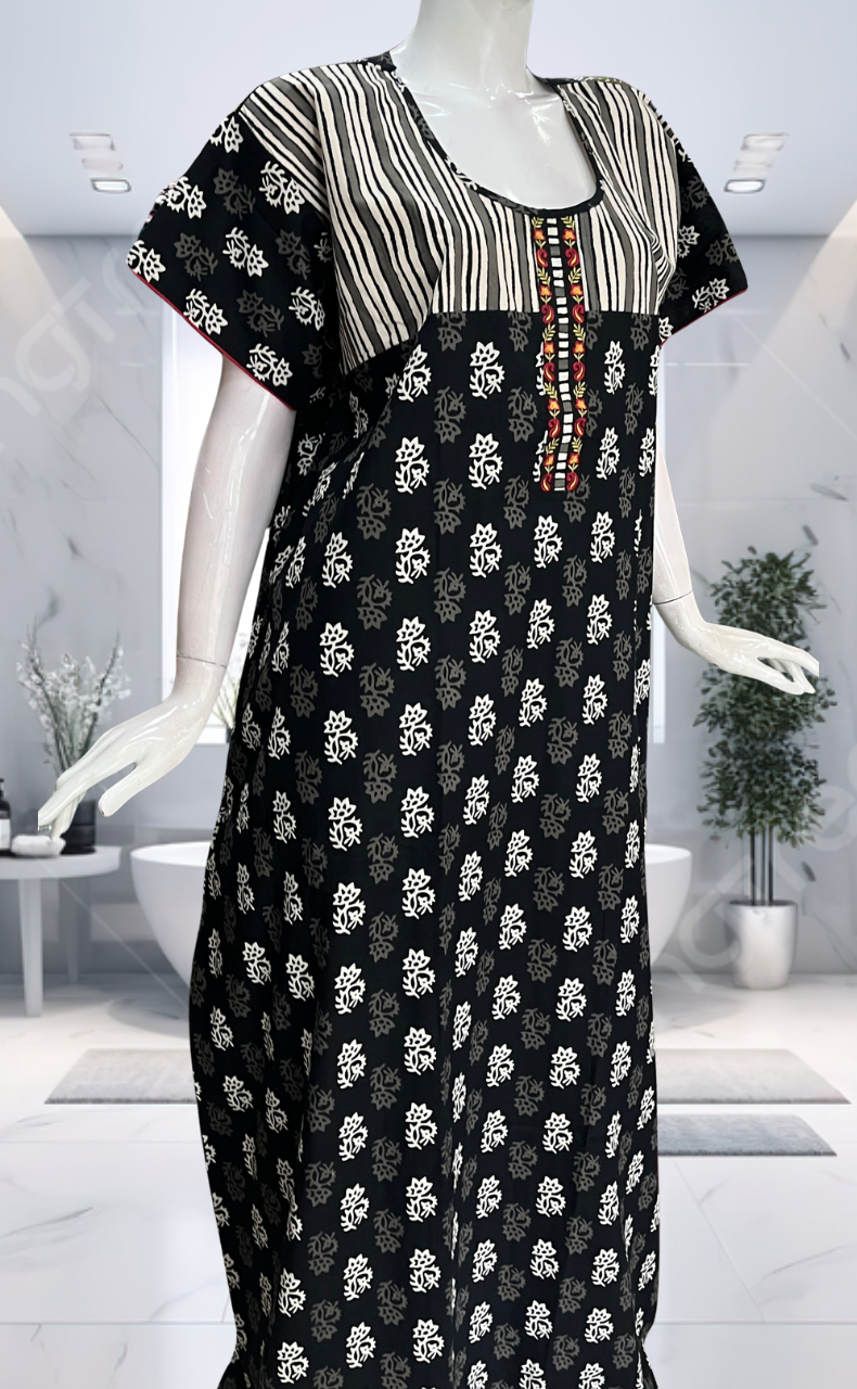 Black Floral Pure Cotton Nighty. Pure Durable Cotton | Laces and Frills