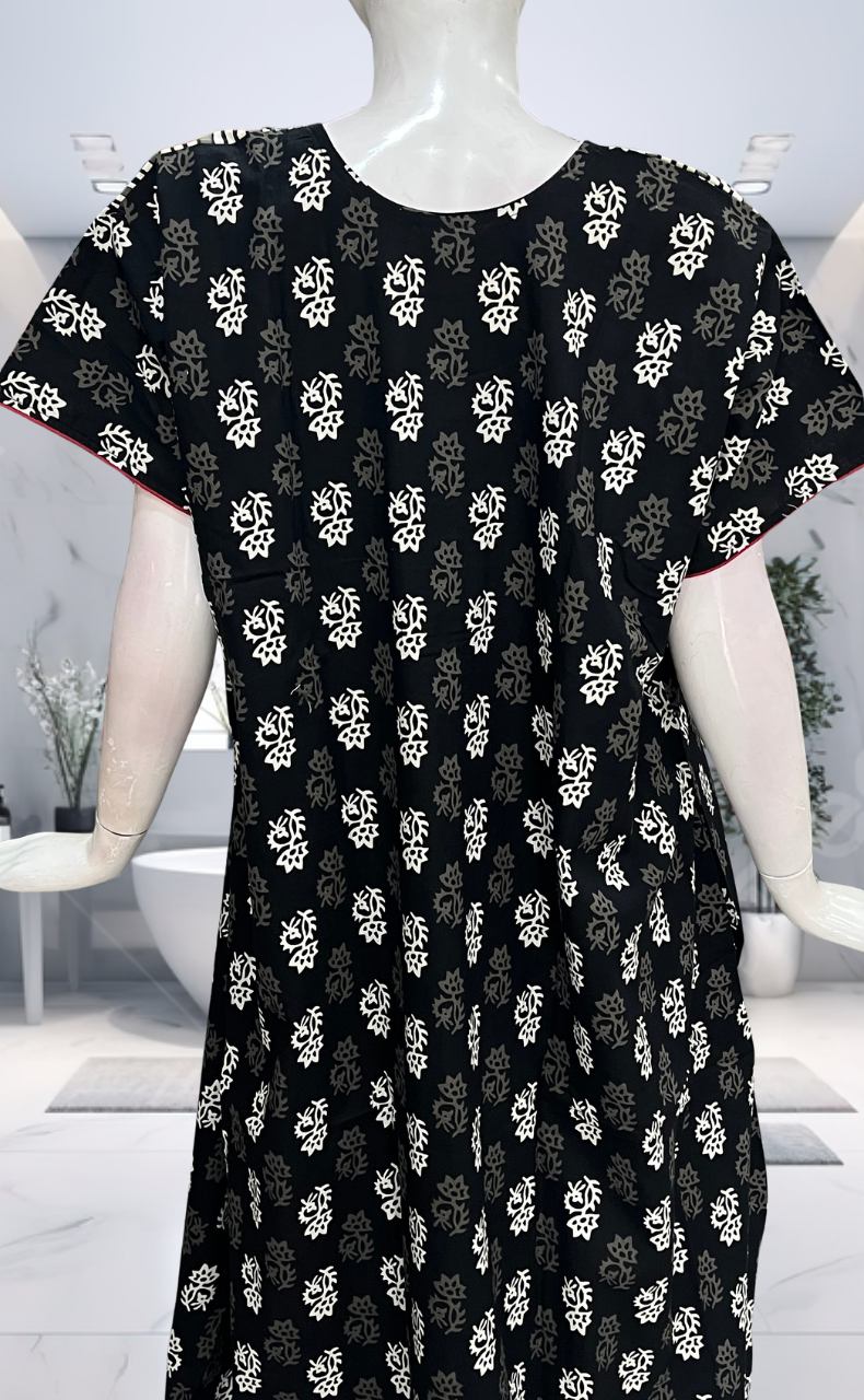 Black Floral Pure Cotton Nighty. Pure Durable Cotton | Laces and Frills