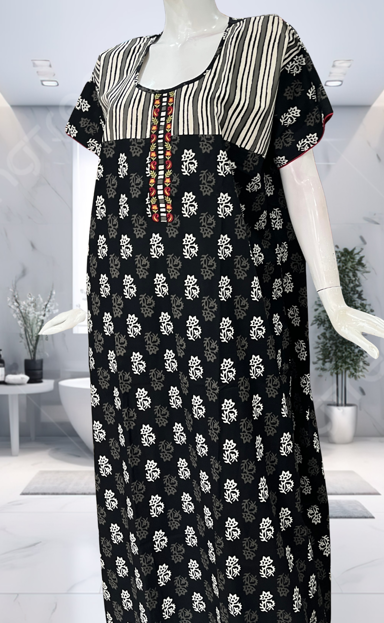 Black Floral Pure Cotton Nighty. Pure Durable Cotton | Laces and Frills