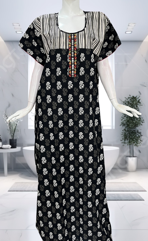 Black Floral Pure Cotton Nighty. Pure Durable Cotton | Laces and Frills - Laces and Frills