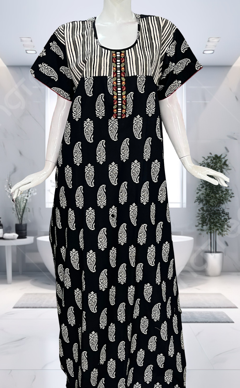 Black Paisley Print Pure Cotton Nighty. Pure Durable Cotton | Laces and Frills