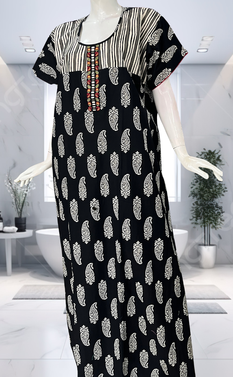 Black Paisley Print Pure Cotton Nighty. Pure Durable Cotton | Laces and Frills