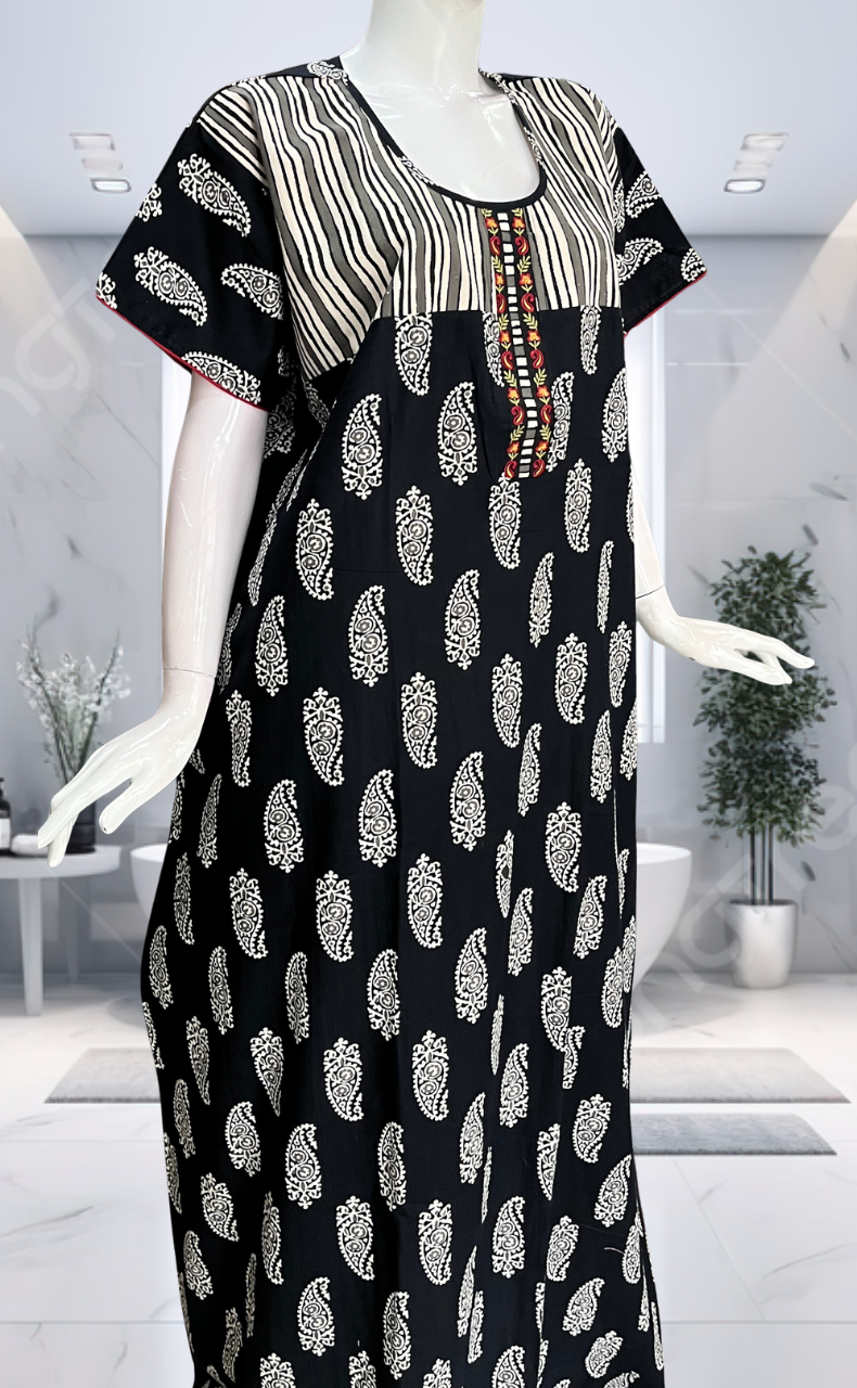 Black Paisley Print Pure Cotton Nighty. Pure Durable Cotton | Laces and Frills