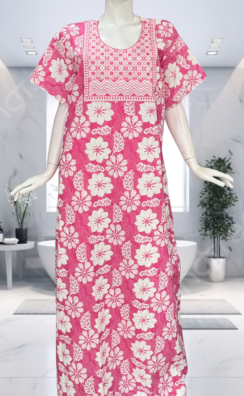 Pink Floral Pure Cotton Nighty. Pure Durable Cotton | Laces and Frills