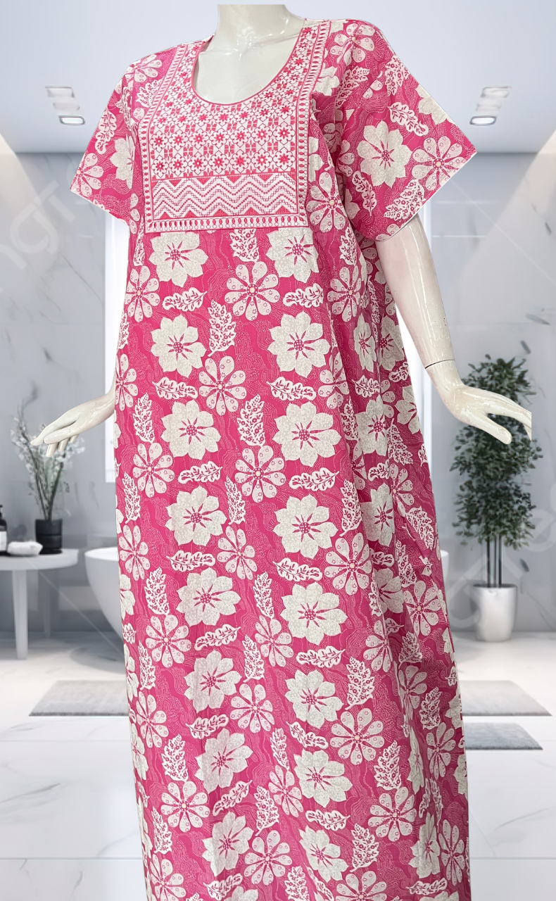 Pink Floral Pure Cotton Nighty. Pure Durable Cotton | Laces and Frills