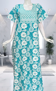 Sea Green Floral Pure Cotton Nighty. Pure Durable Cotton | Laces and Frills - Laces and Frills