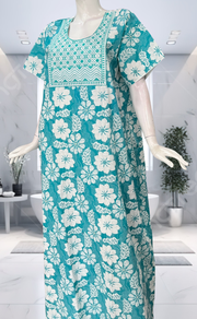 Sea Green Floral Pure Cotton Nighty. Pure Durable Cotton | Laces and Frills - Laces and Frills