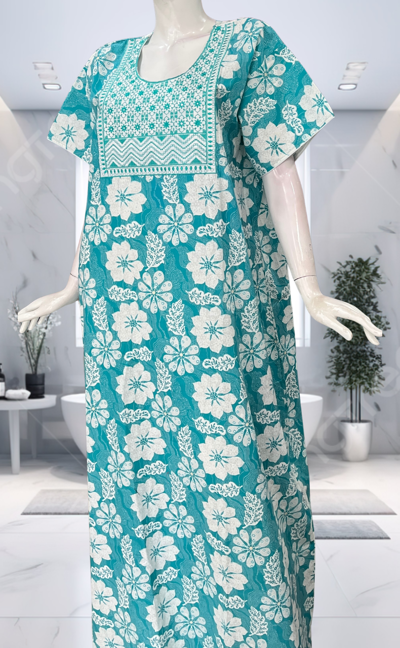Sea Green Floral Pure Cotton Nighty. Pure Durable Cotton | Laces and Frills - Laces and Frills