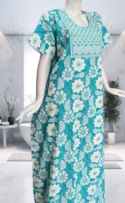 Sea Green Floral Pure Cotton Nighty. Pure Durable Cotton | Laces and Frills - Laces and Frills