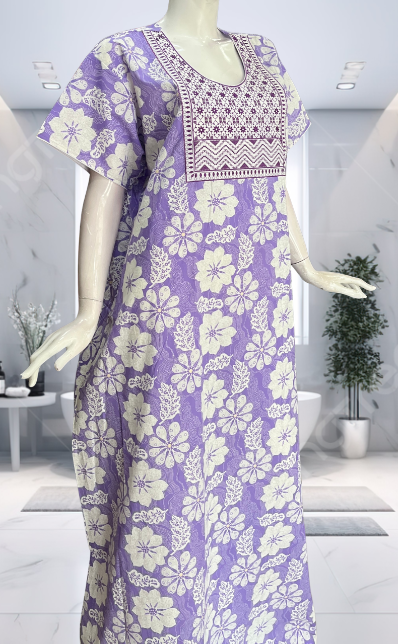 Lavender Floral Pure Cotton Nighty. Pure Durable Cotton | Laces and Frills