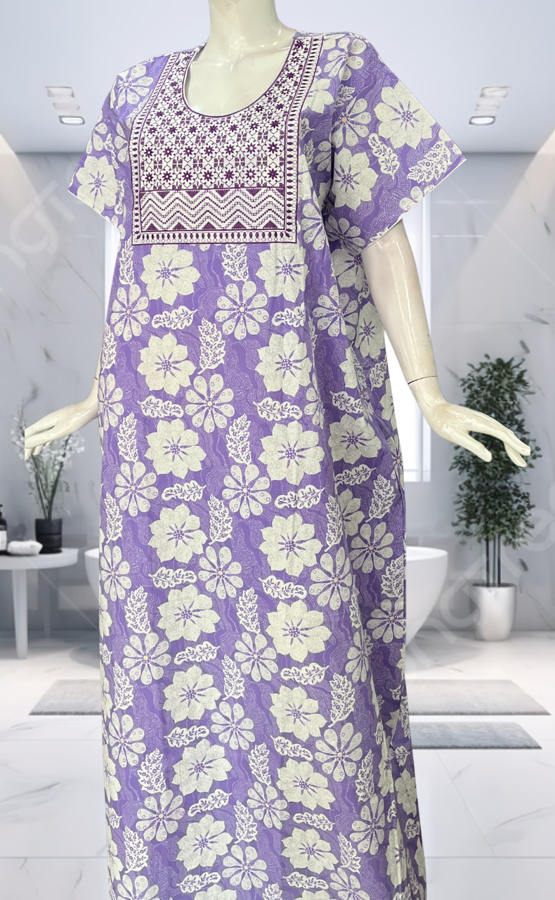 Lavender Floral Pure Cotton Nighty. Pure Durable Cotton | Laces and Frills