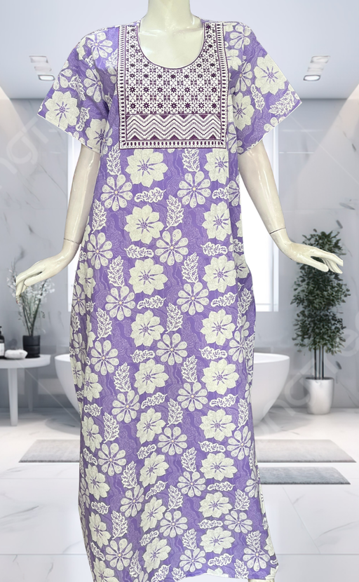 Lavender Floral Pure Cotton Nighty. Pure Durable Cotton | Laces and Frills - Laces and Frills
