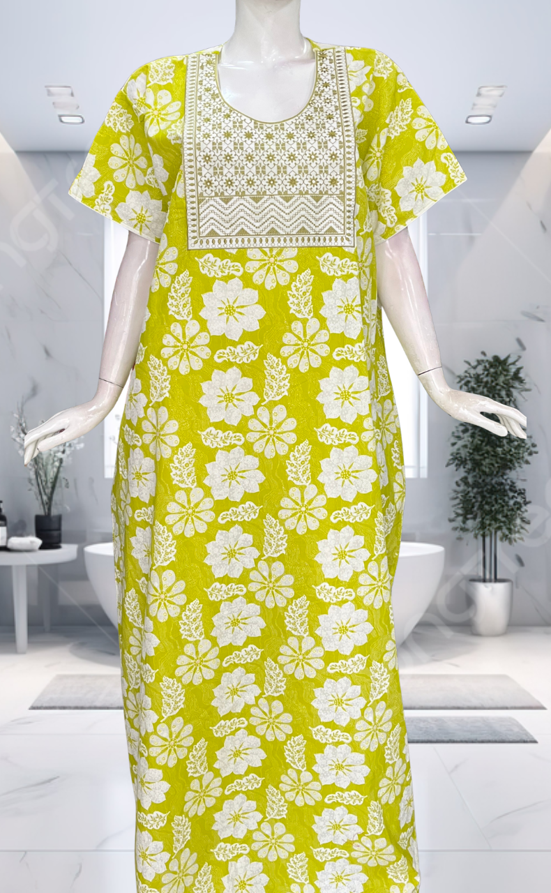 Lime Green Floral Pure Cotton Nighty. Pure Durable Cotton | Laces and Frills