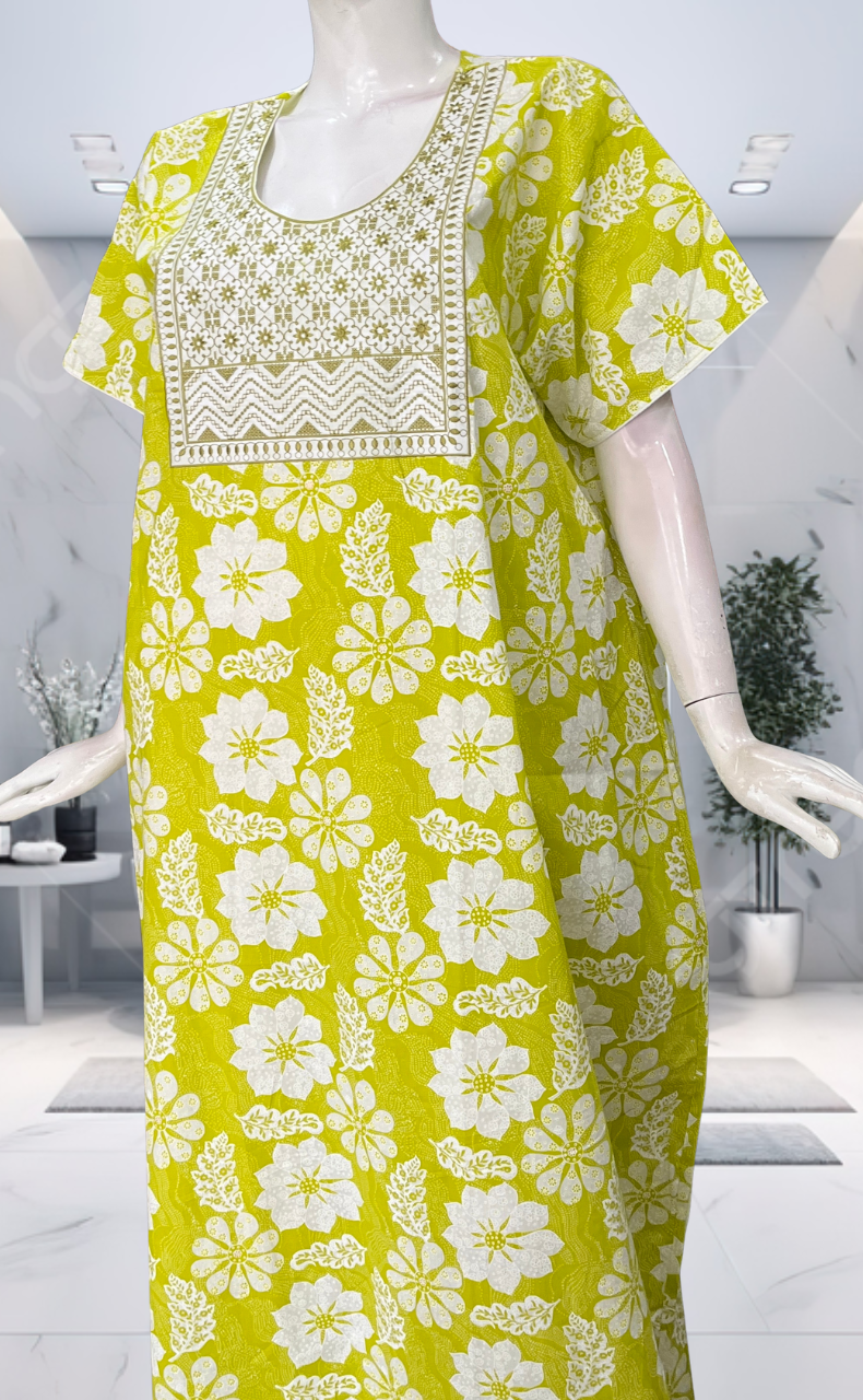 Lime Green Floral Pure Cotton Nighty. Pure Durable Cotton | Laces and Frills